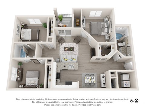 Floor plan for 3 beds, 2 baths, 1210 sqft